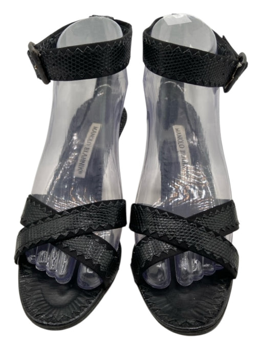 Manolo Blahnik Shoe Size 37 Black Leather Embossed Criss Cross Ankle Strap Pumps Black / 37