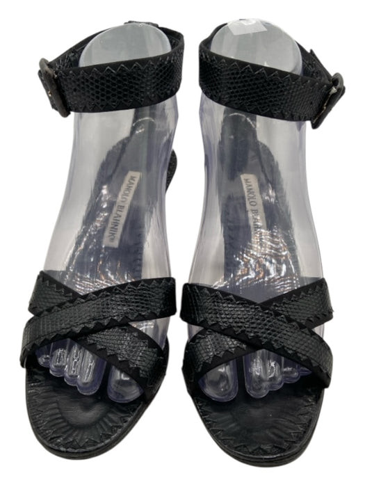 Manolo Blahnik Shoe Size 37 Black Leather Embossed Criss Cross Ankle Strap Pumps Black / 37