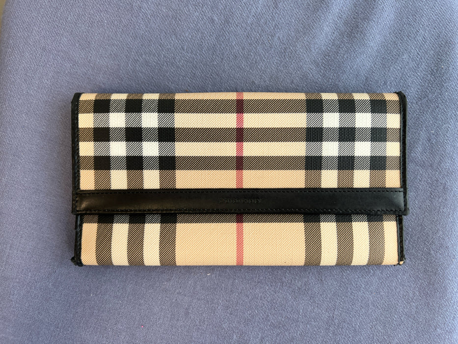 Burberry Beige Coated Cotton Leather trim Nova Check Snap Closure Long Wallets