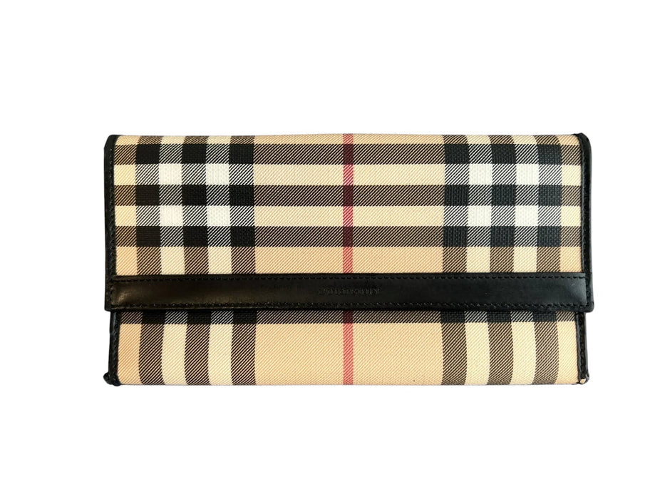 Burberry Beige Coated Cotton Leather trim Nova Check Snap Closure Long Wallets