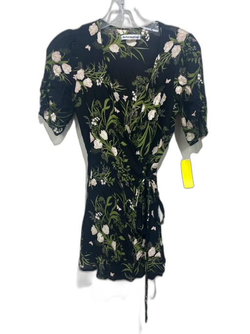 Reformation Size Small Black, Cream, Green Viscose Short Sleeve Floral Dress Black, Cream, Green / Small