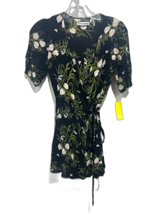 Reformation Size Small Black, Cream, Green Viscose Short Sleeve Floral Dress Black, Cream, Green / Small