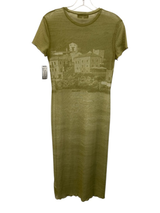 Esthe Size S Green & White Polyester Short Sleeve City Scape Mesh Midi Dress Green & White / S