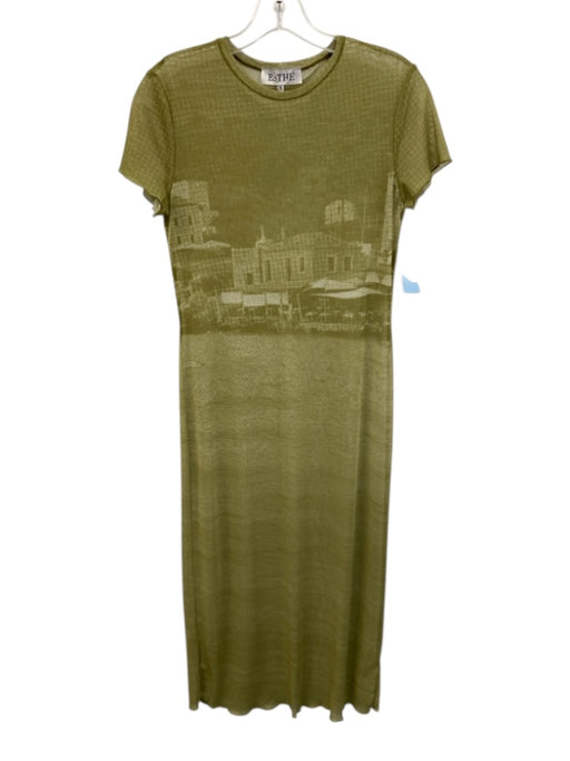 Esthe Size S Green & White Polyester Short Sleeve City Scape Mesh Midi Dress Green & White / S