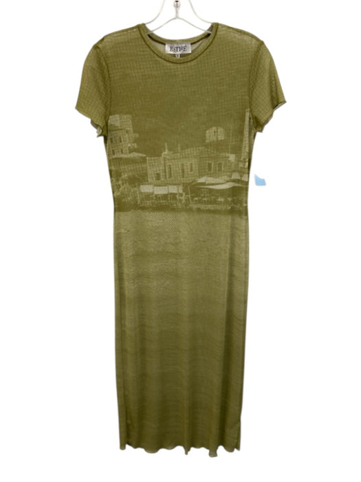 Esthe Size S Green & White Polyester Short Sleeve City Scape Mesh Midi Dress Green & White / S