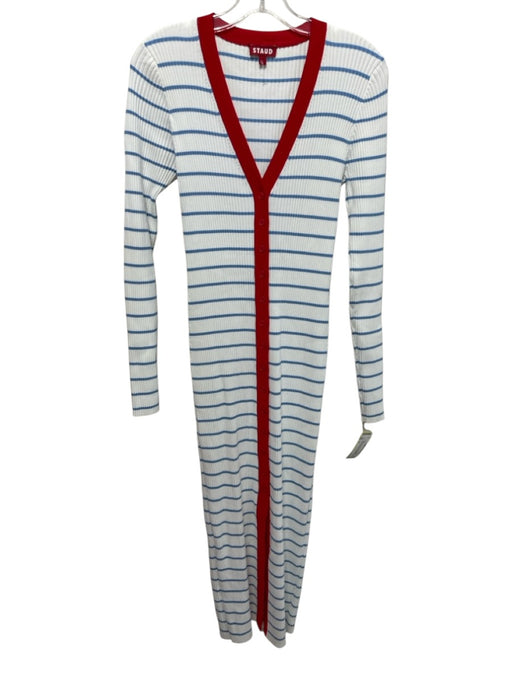 Staud Size L White, Blue & Red Viscose Blend Ribbed Knit Striped Dress White, Blue & Red / L