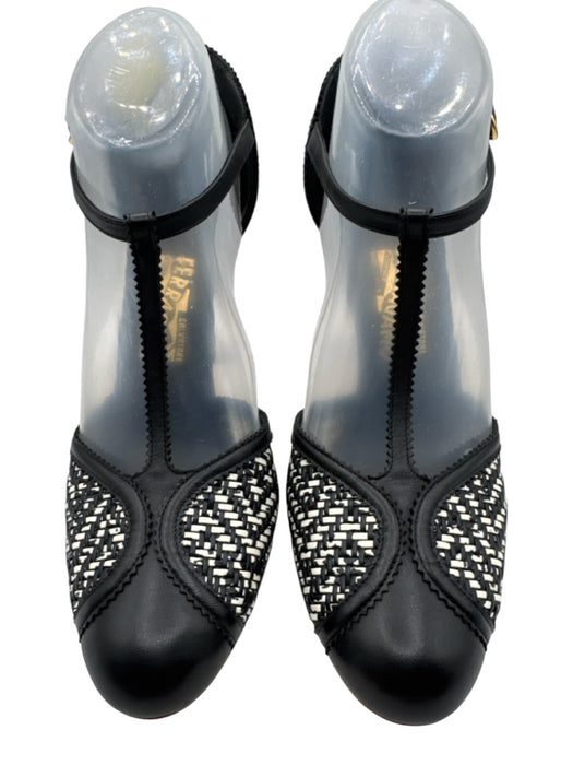 Salvatore Ferragamo Shoe Size 9 Black & White Leather Upper Woven T Strap Pumps Black & White / 9