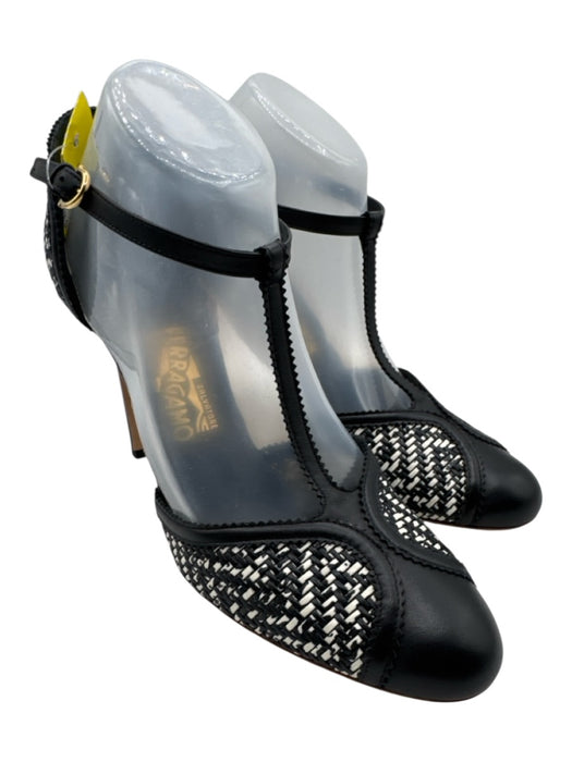 Salvatore Ferragamo Shoe Size 9 Black & White Leather Upper Woven T Strap Pumps Black & White / 9