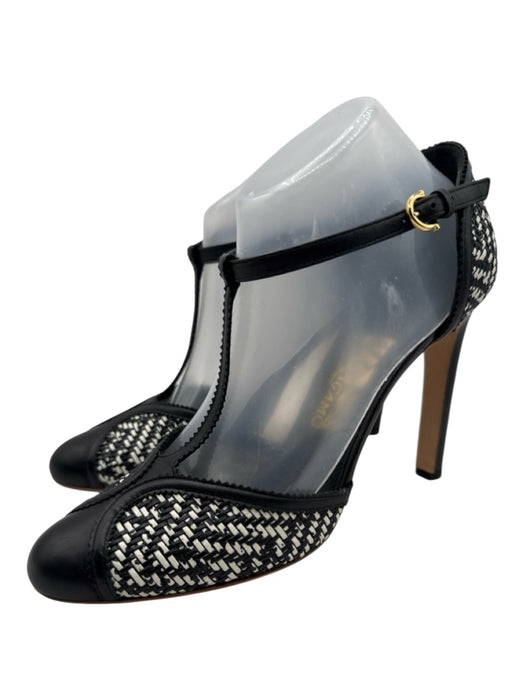 Salvatore Ferragamo Shoe Size 9 Black & White Leather Upper Woven T Strap Pumps Black & White / 9