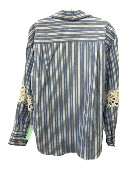 Sandro Blue & White Cotton & Linen Striped Long Sleeve Cut Outs Shirt Dress Top Blue & White