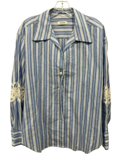 Sandro Blue & White Cotton & Linen Striped Long Sleeve Cut Outs Shirt Dress Top Blue & White