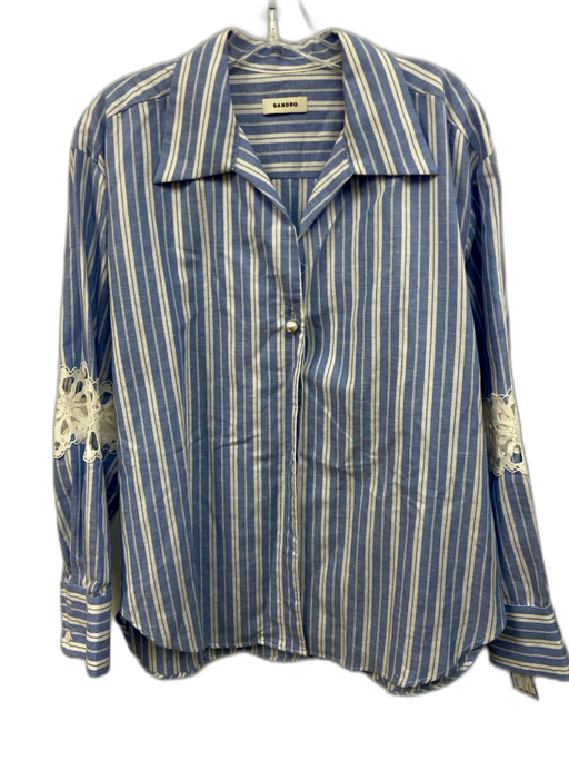Sandro Size 2 Blue & White Cotton Crochet Lace Accent Stripe Long Sleeve Top Blue & White / 2