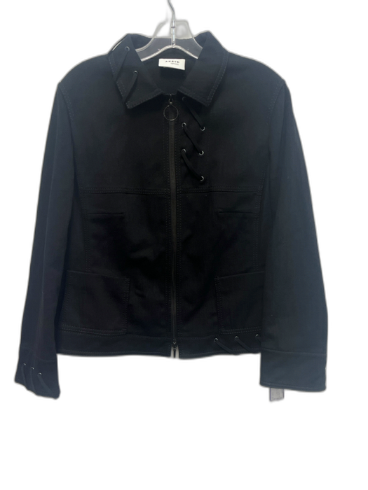 Akris Punto Size 14 Black Cotton Blend Denim Lace Up Detail O Ring Jacket Black / 14