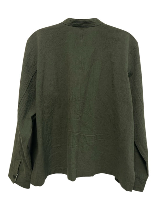 Eileen Fisher Size M Dark Green Cotton Seersucker Long Sleeve Button Up Top Dark Green / M