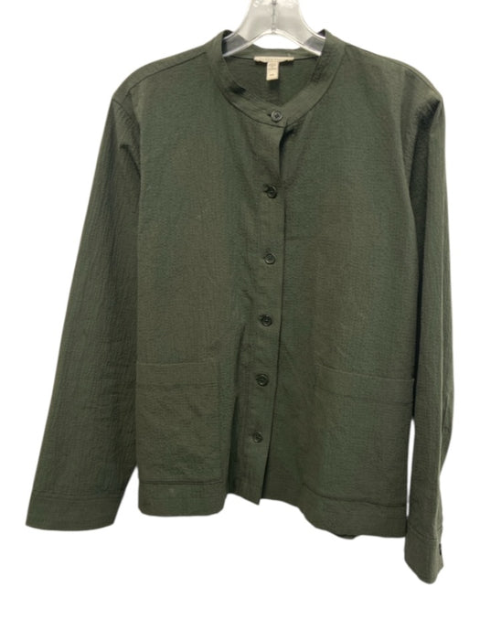 Eileen Fisher Size M Dark Green Cotton Seersucker Long Sleeve Button Up Top Dark Green / M