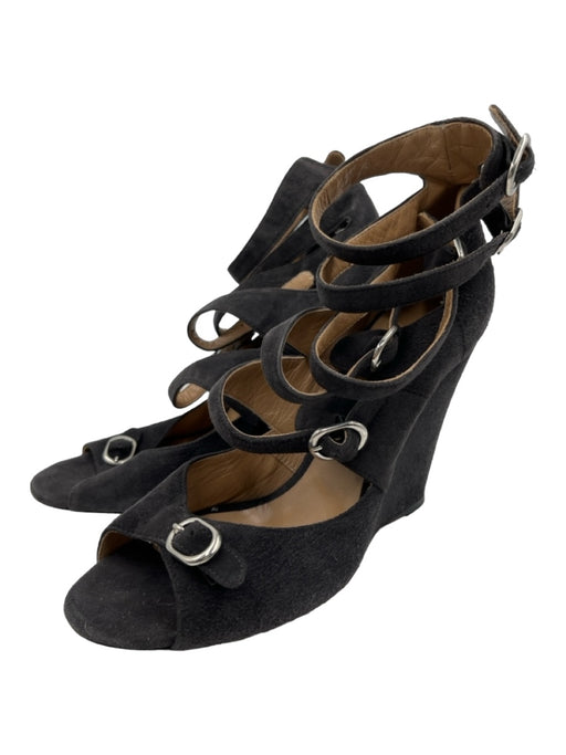 Chloe Shoe Size 37.5 Gray Suede Peep Toe Strappy Buckles Silver hardware Wedges Gray / 37.5
