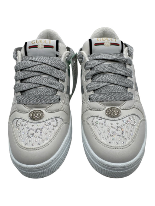 Gucci Cream & Silver Leather & Canvas Rhinestones Low Top Lace Up Sneakers Cream & Silver