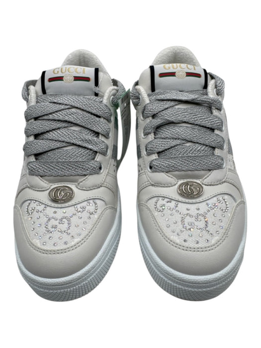 Gucci Cream & Silver Leather & Canvas Rhinestones Low Top Lace Up Sneakers Cream & Silver