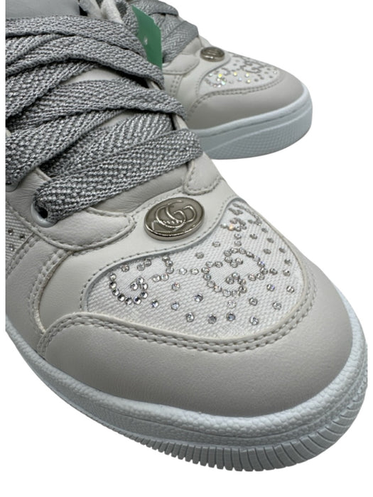 Gucci Cream & Silver Leather & Canvas Rhinestones Low Top Lace Up Sneakers Cream & Silver