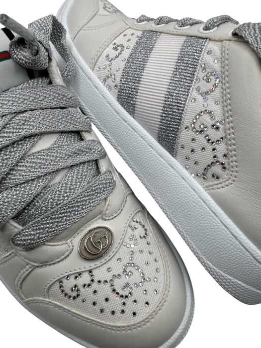 Gucci Cream & Silver Leather & Canvas Rhinestones Low Top Lace Up Sneakers Cream & Silver