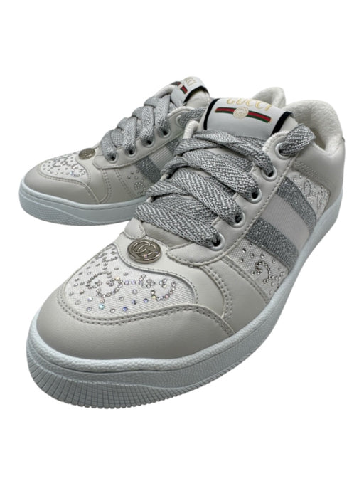 Gucci Cream & Silver Leather & Canvas Rhinestones Low Top Lace Up Sneakers Cream & Silver