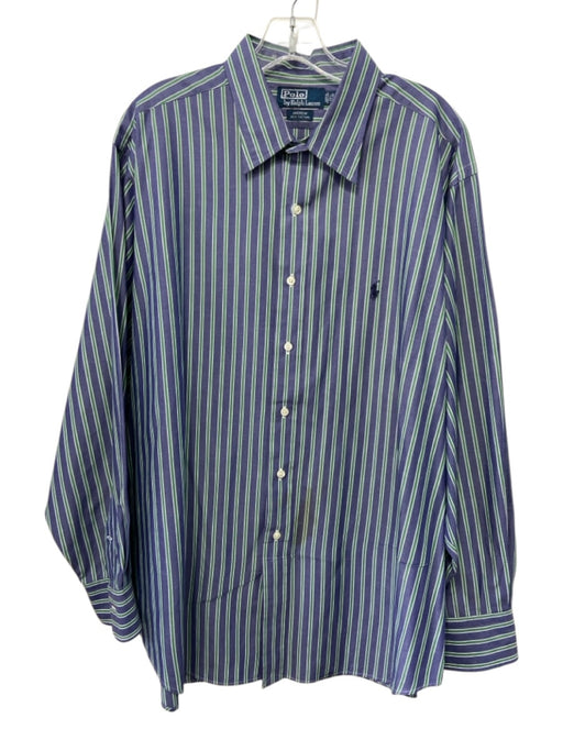 Polo Size 17.5 Purple & Green Cotton Striped Button Down Men's Long Sleeve Shirt Purple & Green / 17.5