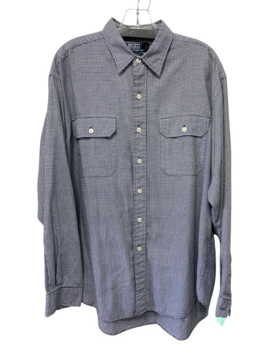 Polo Size L White, Black & Blue Print Cotton Button Down Men's Long Sleeve Shirt White, Black & Blue Print / L
