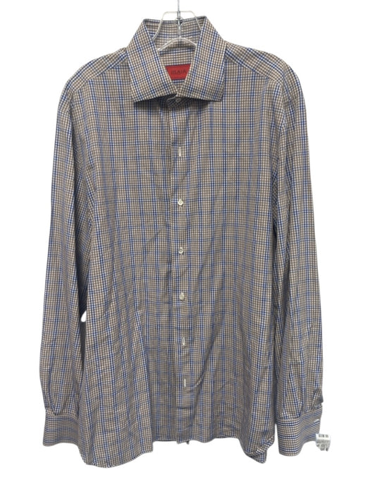 Isaia Size 16.5 Brown, White & Blue Cotton Plaid Button Down Long Sleeve Shirt Brown, White & Blue / 16.5