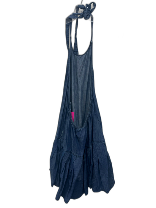 Free People Size M Blue Cotton Denim Halter Tie Open Back Bubble Hem Dress Blue / M