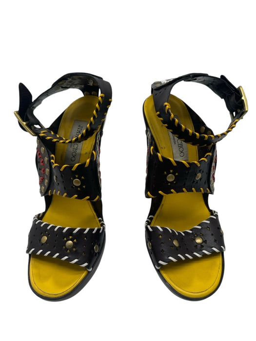 Jimmy Choo Shoe Size 37.5 Brown, Yellow, Red Leather Whipstitching Heel Sandals Brown, Yellow, Red / 37.5