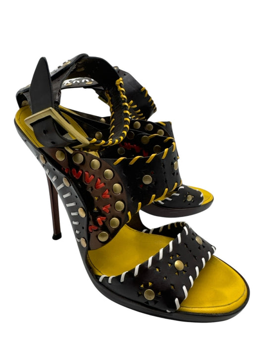 Jimmy Choo Shoe Size 37.5 Brown, Yellow, Red Leather Whipstitching Heel Sandals Brown, Yellow, Red / 37.5