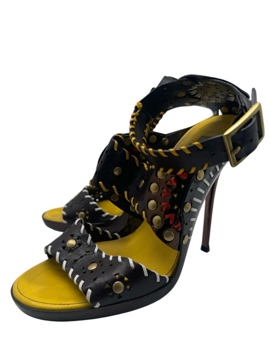 Jimmy Choo Shoe Size 37.5 Brown, Yellow, Red Leather Whipstitching Heel Sandals Brown, Yellow, Red / 37.5