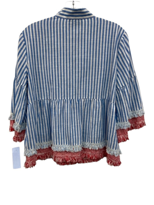Tuckernuck Size M Blue, White, Red Cotton Long Sleeve Striped Split Neck Top Blue, White, Red / M