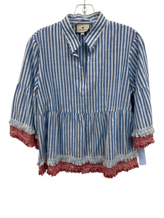 Tuckernuck Size M Blue, White, Red Cotton Long Sleeve Striped Split Neck Top Blue, White, Red / M
