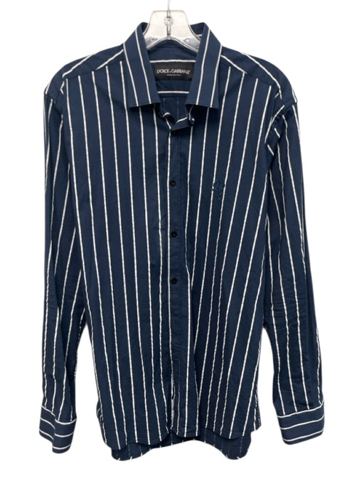 Dolce & Gabbana Size L Navy Blue & White Cotton Collar Neck Button Down Top Navy Blue & White / L