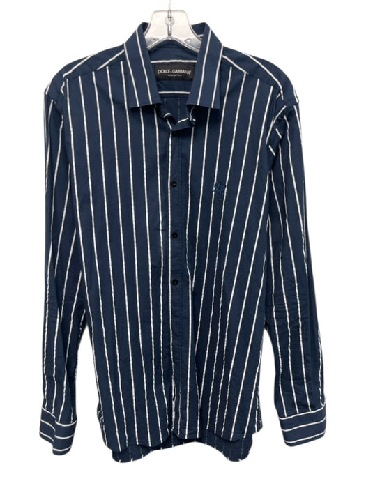 Dolce & Gabbana Size L Navy Blue & White Cotton Collar Neck Button Down Top Navy Blue & White / L