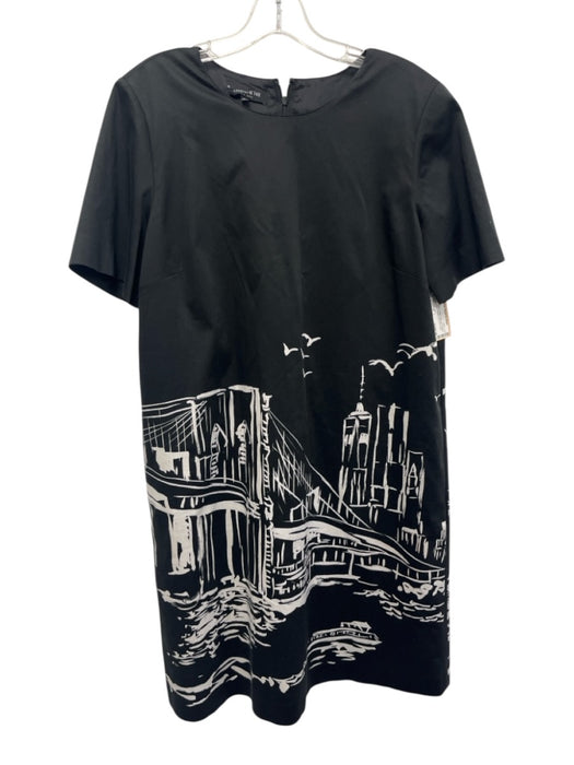 Lafayette 148 Size L Black & White Cotton Back Zip & Button Short Sleeve Dress Black & White / L