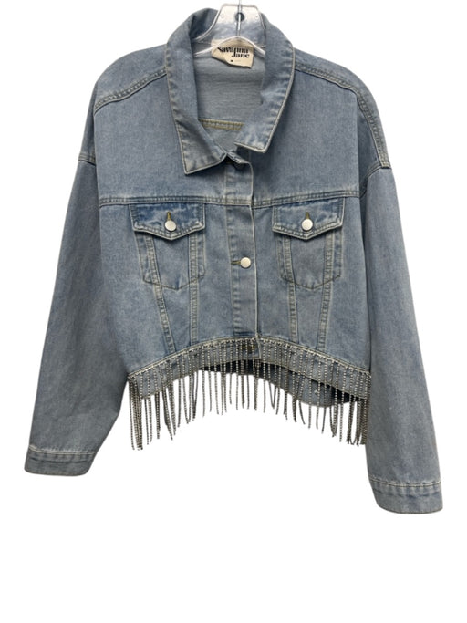 Savanna Jane Size M Light Wash Cotton Blend Denim Rhinestone Fringe Jacket Light Wash / M