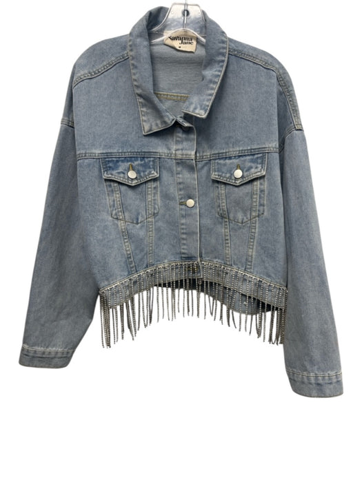 Savanna Jane Size M Light Wash Cotton Blend Denim Rhinestone Fringe Jacket Light Wash / M