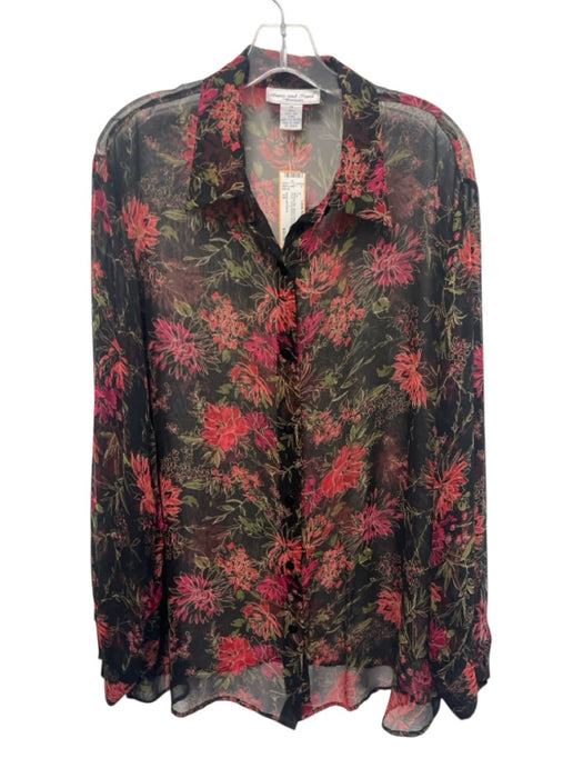 Anna and Frank Size 1X Black & Red Silk Floral Sheer Long Balloon Sleeve Top Black & Red / 1X
