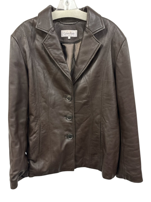 Calvin Klein Size Large Dark Brown Leather Long Sleeve Button Front Lapel Jacket Dark Brown / Large