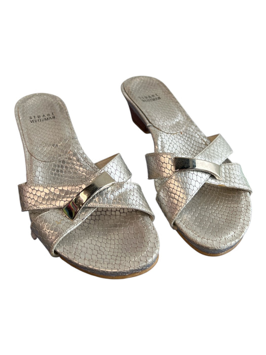 Stuart Weitzman Shoe Size 8.5 Silver Manmade Material open toe Kitten Heel Shoes Silver / 8.5
