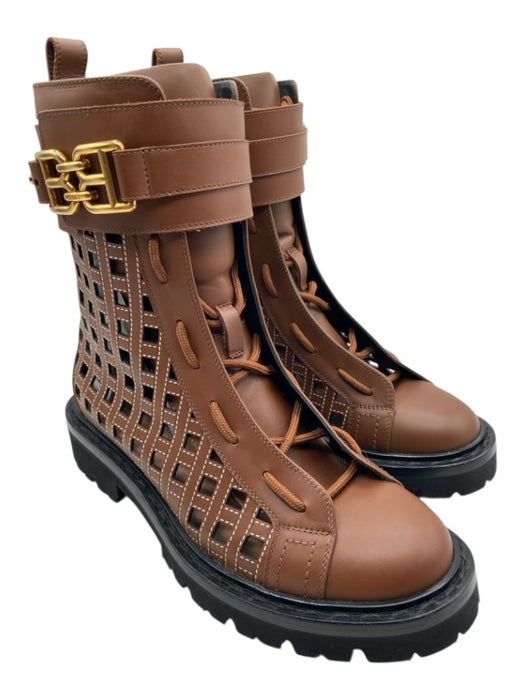 Bally Shoe Size 37 Brown & Black Leather Laser Cut Combat Lace Up Boots Brown & Black / 37