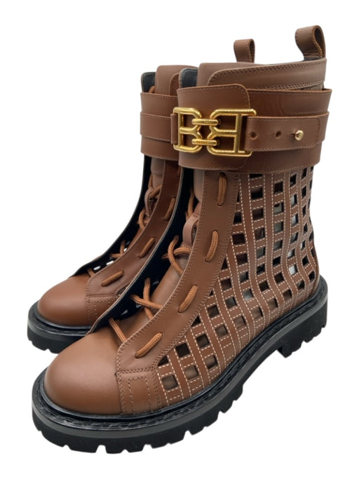 Bally Shoe Size 37 Brown & Black Leather Laser Cut Combat Lace Up Boots Brown & Black / 37