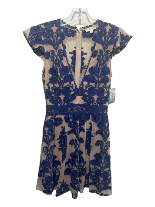 For Love & Lemons Size S Blue & Beige Nylon Mesh Embroidered Flowers Dress Blue & Beige / S