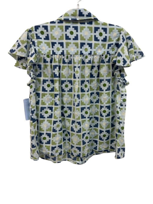 Olivia James Size M Blue & Green Cotton Ruffle Cap Sleeve Geometric Print Top Blue & Green / M
