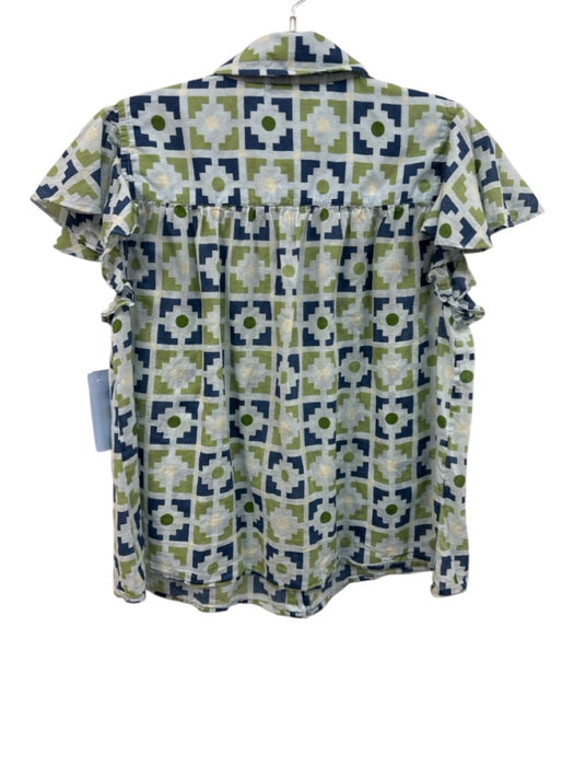 Olivia James Size M Blue & Green Cotton Ruffle Cap Sleeve Geometric Print Top Blue & Green / M