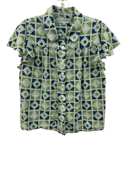 Olivia James Size M Blue & Green Cotton Ruffle Cap Sleeve Geometric Print Top Blue & Green / M