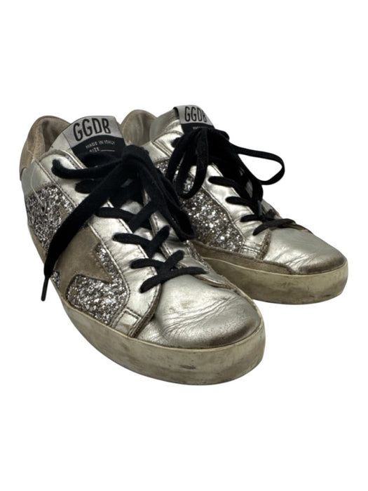 Golden Goose Shoe Size 38 Silver & Beige Leather Glitter Lace Up Sneakers Silver & Beige / 38