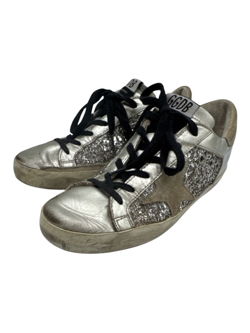 Golden Goose Shoe Size 38 Silver & Beige Leather Glitter Lace Up Sneakers Silver & Beige / 38